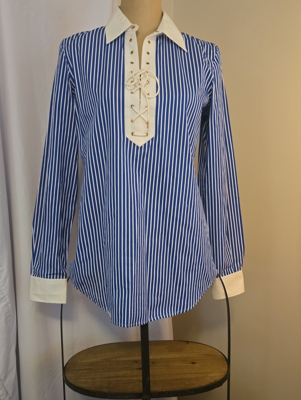 Lauren Ralph Lauren Blue and White Striped Lace-Up Shirt Size M